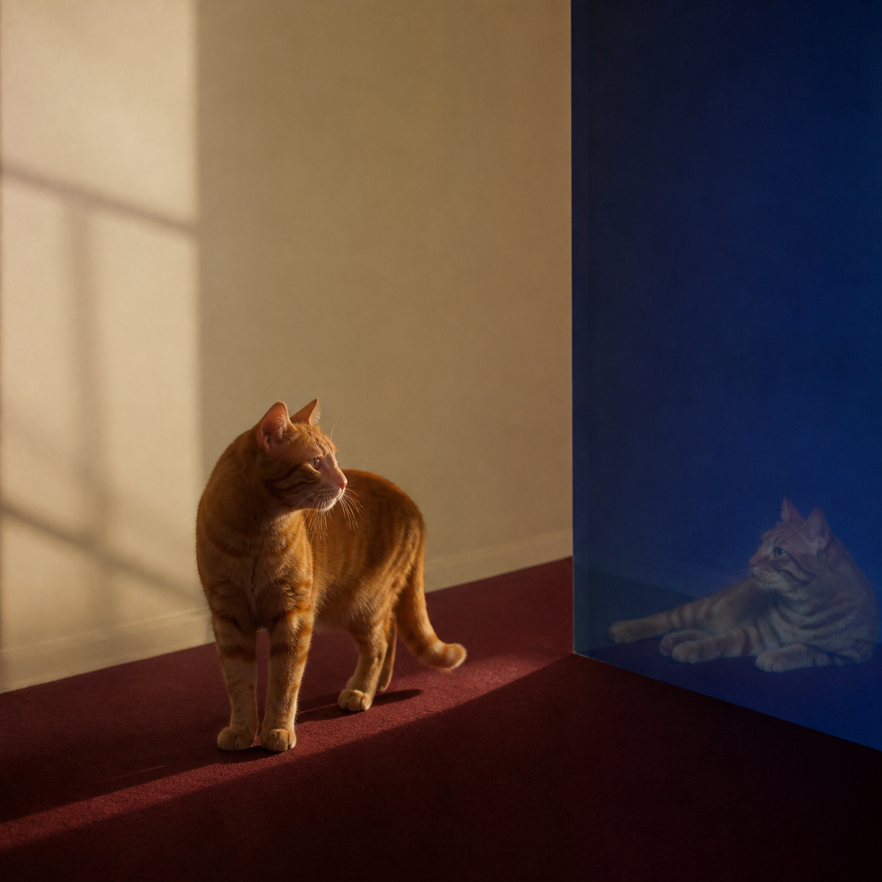 Peiyuan Liao fine art cat portrait of an orange tabby beside a reflective cobalt wall