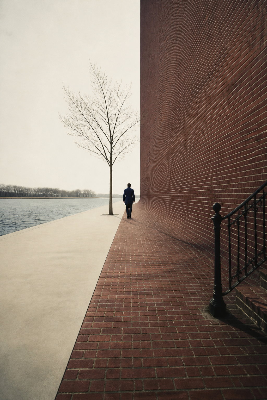 Peiyuan Liao Boston city photograph of a photographer walking where a brick sidewalk bends into a monumental wall