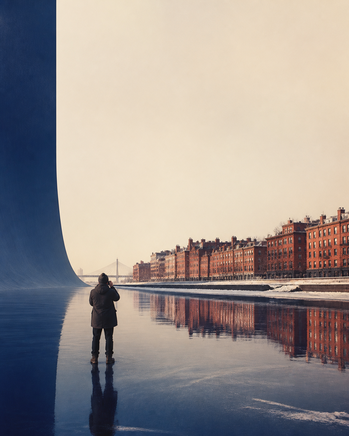 Peiyuan Liao Boston landscape photograph of a harbor and brick city reimagined as a monumental cobalt stage