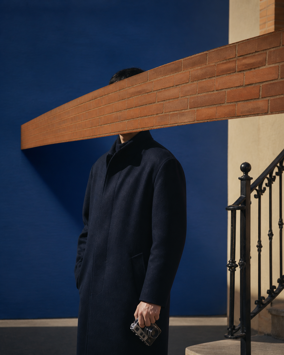 Peiyuan Liao conceptual self-portrait in a navy coat with his face obscured by a connected Boston brick plane