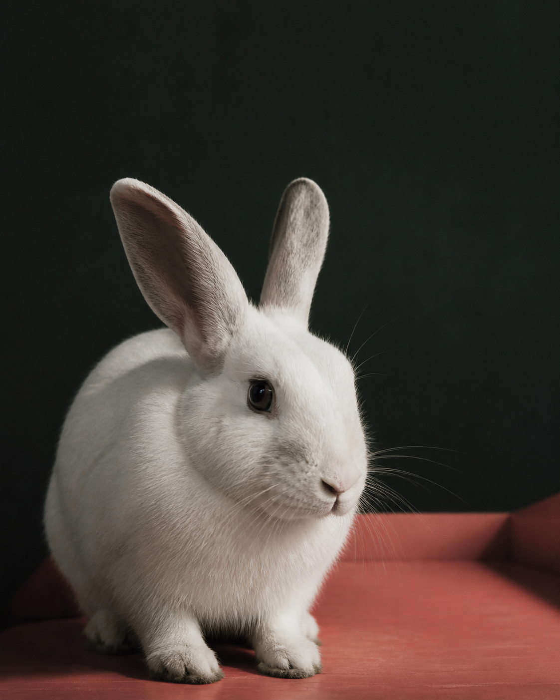 Peiyuan Liao rabbit portrait of a white rabbit against black-green and coral planes