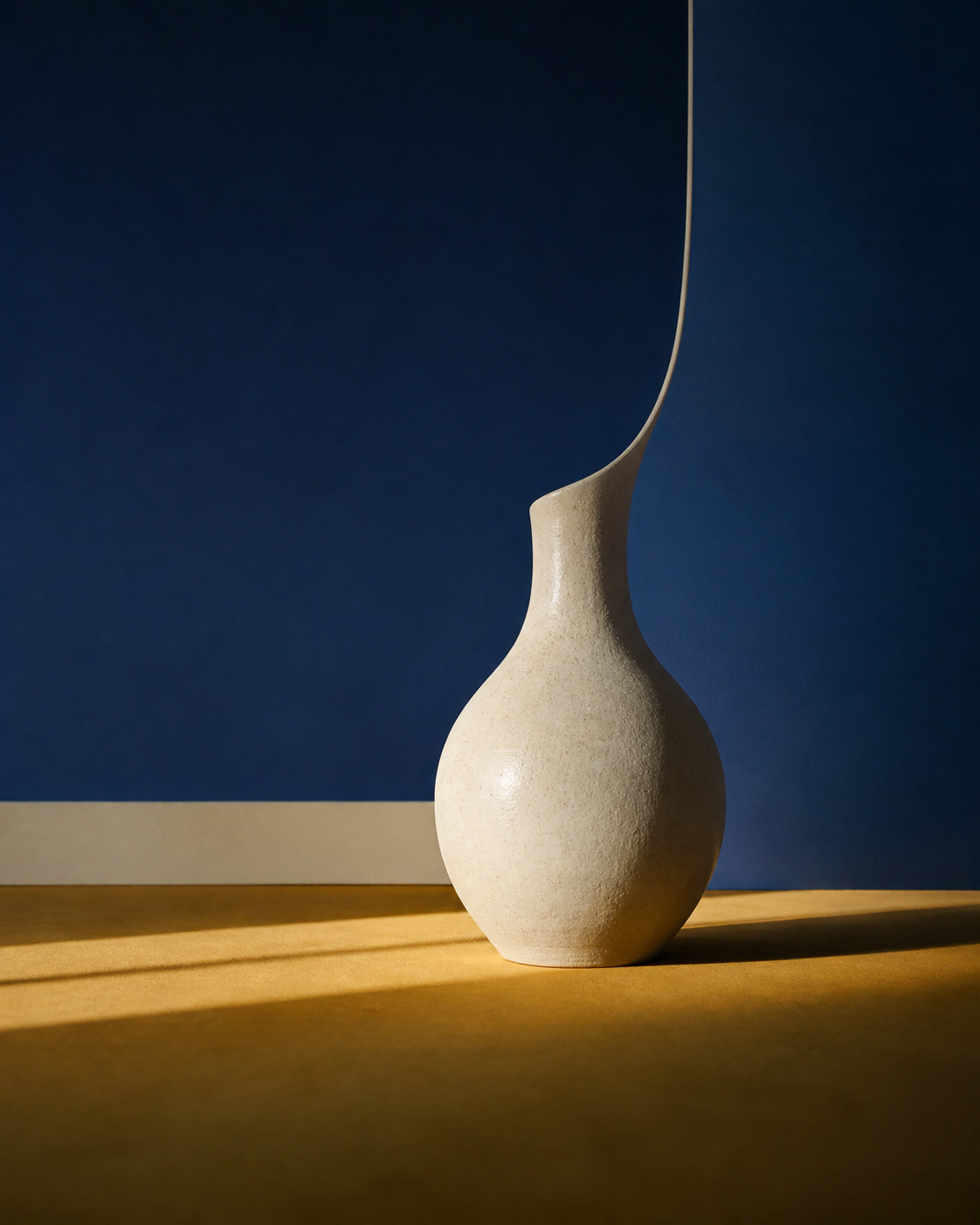 Peiyuan Liao vase photograph of an off-white ceramic vessel continuing into an ultramarine wall