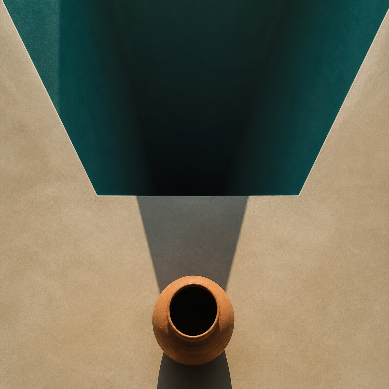 Peiyuan Liao vase photograph of a terracotta vessel beneath a deep teal architectural recess